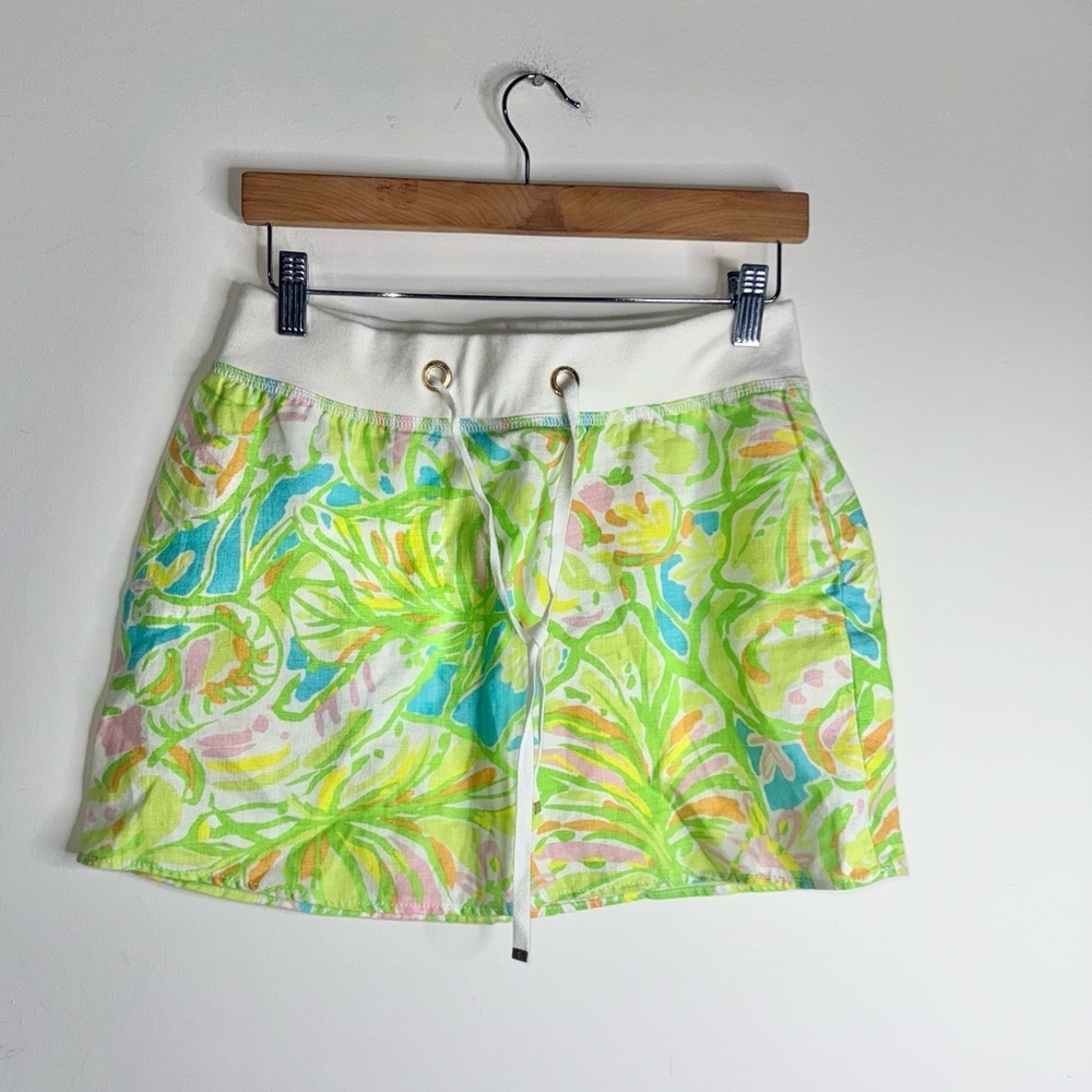 Lilly Pulitzer Linen Skirt Women’s Green Pink Floral Drawstring Casual